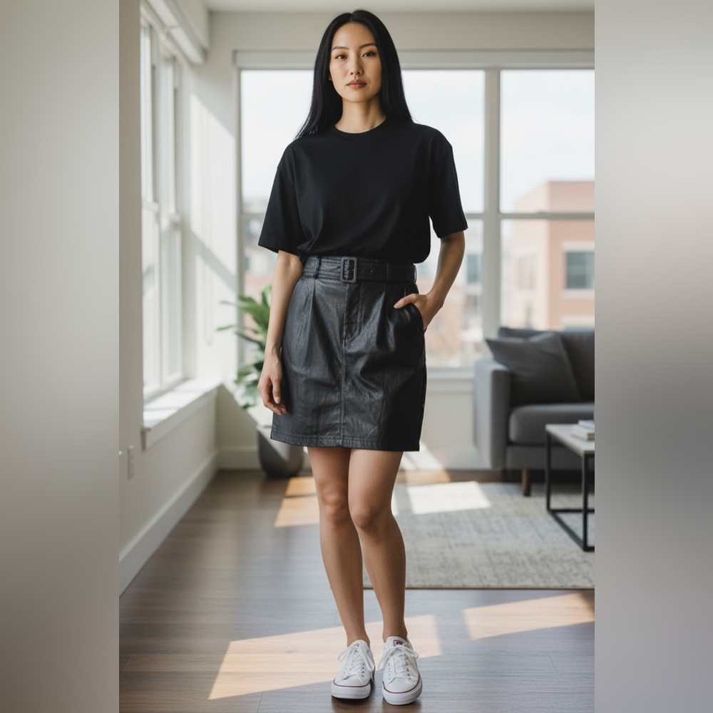 *Express Genuine Leather High Waist Black Mini Skirt Women’s 5/6 Belted